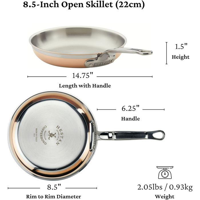Сковорода Hestan CopperBond Collection з чистої міді, сумісна з індукційними плитами, діаметр 21.6 см (8.5 дюймів)