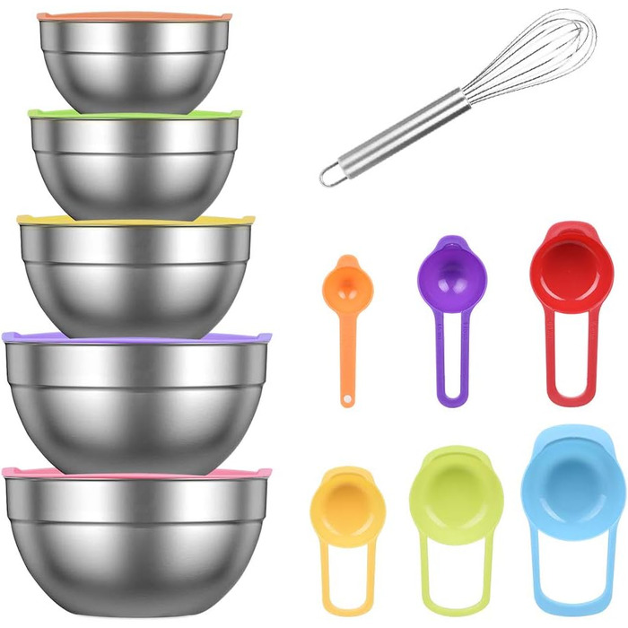 Набір місок для перемішування, 5 шт. з нержавіючої сталі, салатник з кришкою для кухні, приготування їжі, випічки, з 6 мірних ложок та вінчиком