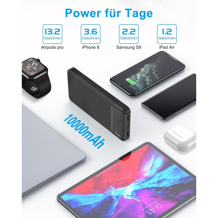 Набір з 2 шт. , тонкий, USB-C, 4 порти, сумісний з iPhone, Samsung, ЧорнийБілий, 10000mAh