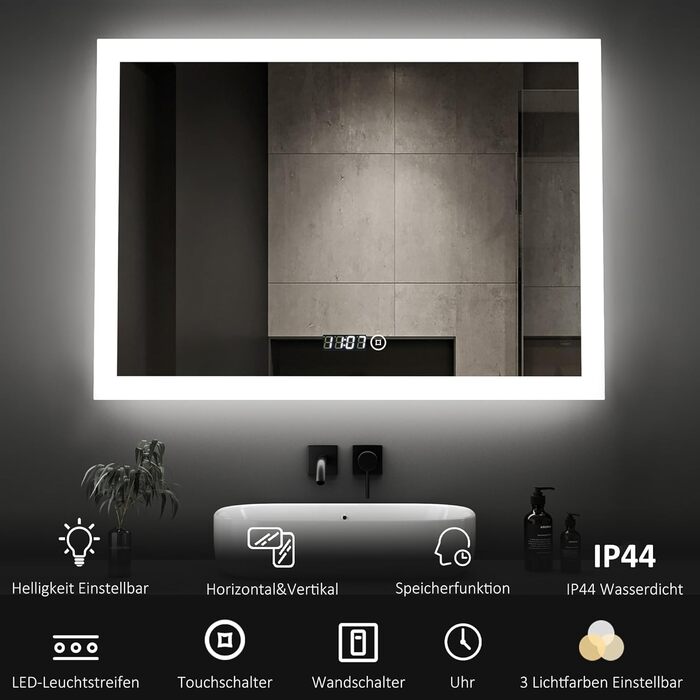 Дзеркало для ванної кімнати Boromal з підсвічуванням та годинником 50x70 см, LED, 3 кольори, регулювання яскравості, сенсорне керування