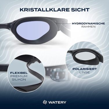 Водянисті окуляри для плавання з обробкою проти запотівання - Тренування, змагання (дзеркальні, захист від ультрафіолету) - Не залишає слідів навколо очей - Окуляри для плавання для дорослих, підлітків Чорний/Сріблястий