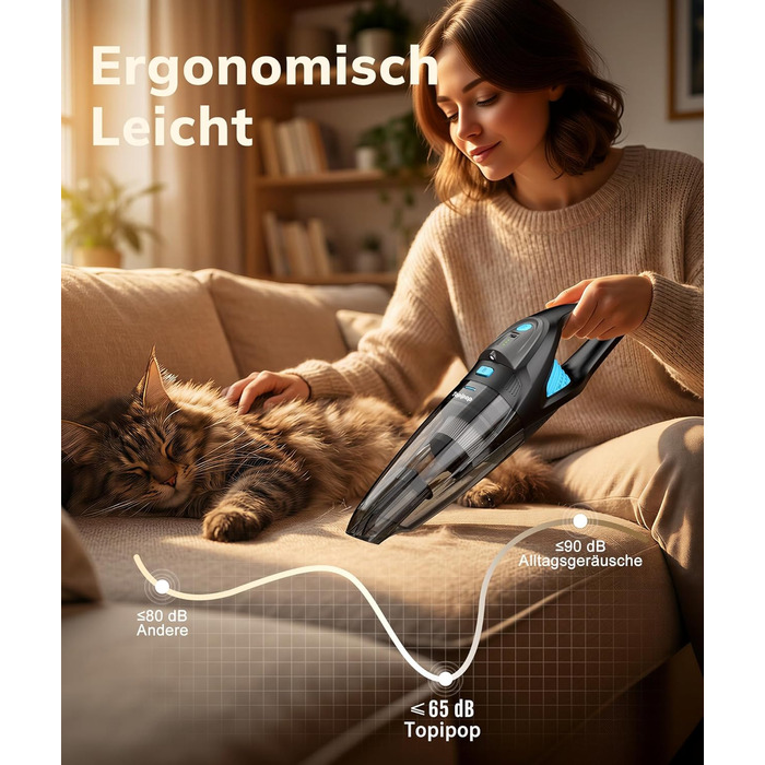 Акумуляторний ручний пилосос для авто та дому, потужність 25000Па, бездротовий з HEPA-фільтром та набором насадок, для шерсті тварин та килимів (Чорний)