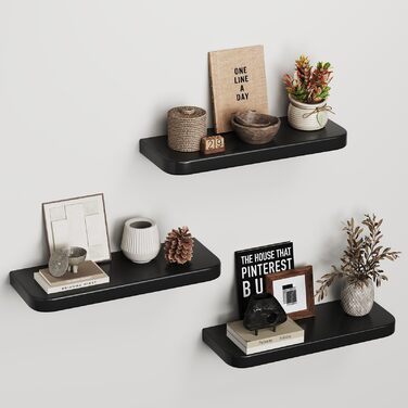Набір з 3 настінних полиць Wandregal з дерева, чорного кольору - Плаваючі полиці з прихованим кріпленням для вітальні, спальні, кухні, для книг та декору