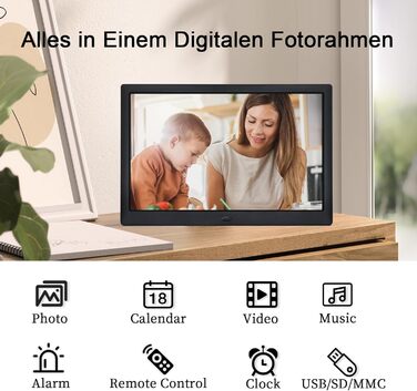 Цифровий фоторамка TSITSC 8.7 дюйма, IPS-дисплей 1024*768, календар, музика, фото- та відеоплеєр, підтримка USB/SD, з пультом ДУ (Чорний)