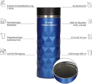Термокружка Elasto з нержавіючої сталі, 450 мл, з індивідуальною гравіюванням, витримана, з ізоляцією, блакитна