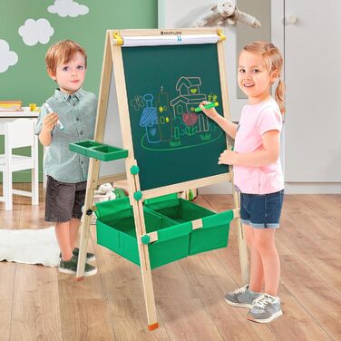 Дитяча мольберт-трансформер з паперовим рулоном, дошками для малювання та аксесуарами. Регульована висота 90-110 см. Дошка з покриттям для сухого стирання.