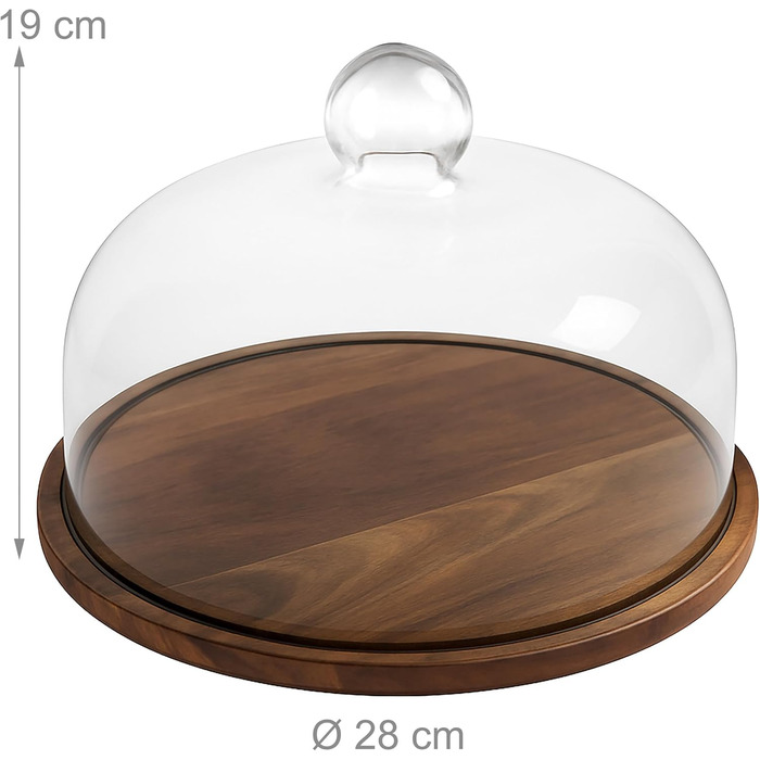 Таця Relaxdays з кришкою, скляна, для тортів та закусок, зберігає свіжість, 16x28 см, дерев'яна (акація)