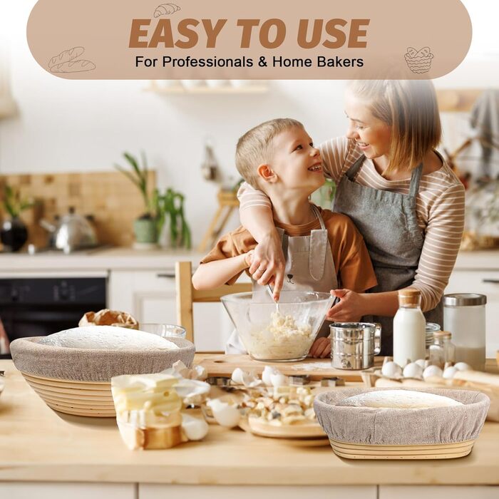 Набір для випічки хліба Brot: 2 корзини (23см круглі, 25см овальні), тейгшкребок, мішалка, тканинний вкладиш & лам, 100% ротанг