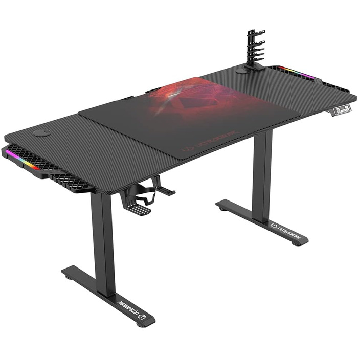 Ігровий стіл ULTRADESK Level V2 LED RGB з електричним регулюванням висоти Внутрішня пам'ять на 2 налаштування Подовжувач, килимок для миші розміру XXL Сталева рама, червона накладка, 140x68 см