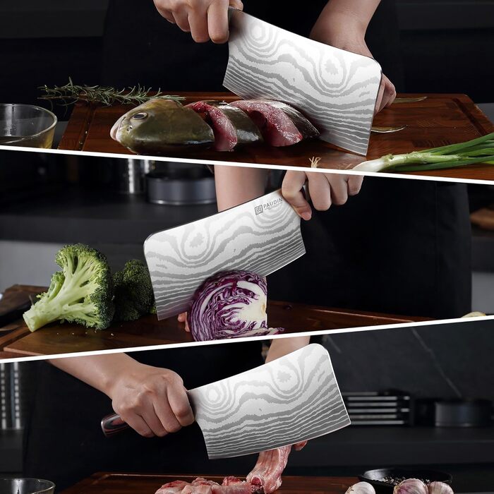 PAUDIN Ніж Сантоку з Дамаської сталі 13 см, професійний кухонний ніж для кухні, надзвичайно гострий, з високоякісної нержавіючої сталі та ергономічною ручкою G10 (ніж-сікач 18 см)