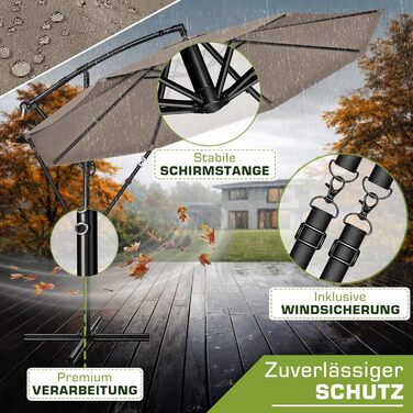 Садова парасолька Tillvex Alu 300 см, Cappuccino: підвісна парасолька-ампеля з кривопотом, стійкою та захистом від вітру, водонепроникна, UV-захист, алюмінієва