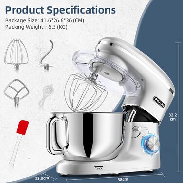 Кухонна машина Cheflee 2000W з місткою чашею 6.2L з нержавіючої сталі, 6 швидкостей, низький шум, набір насадок (міксер, гак для тіста), захист від бризок