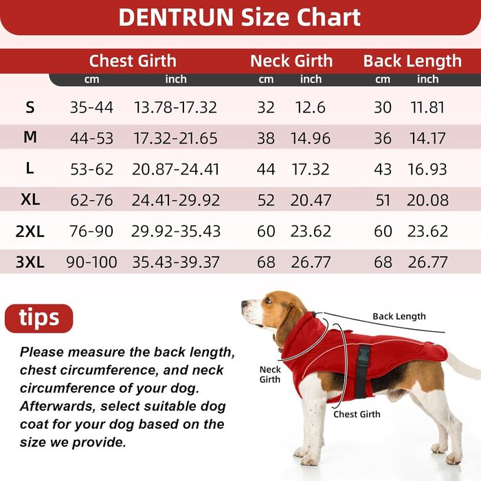 Водонепроникне зимове пальто для великих собак DENTRUN, із захистом живота та флісом, червоне, 3XL