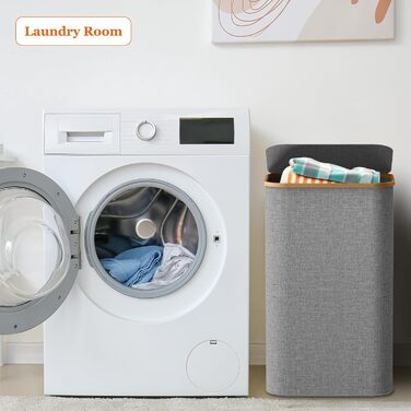Кошик для білизни з кришкою, вузький, бамбукові ручки, внутрішня кишеня, складний, переносний, 95л, темно-сірий