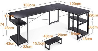 Г-подібний письмовий стіл, компактний, з подвійними полицями та гачками (168120 см, чорний), 148x120cm -