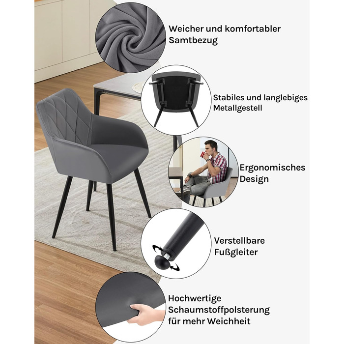 Набір обідніх стільців WOLTU з підлокітниками та спинкою, для кухні, вітальні, їдальні, м'який оксамитовий чохол, металеві ніжки, темно-сірий, 8 шт.
