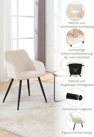 Крісла для їдальні WOLTU - 8 шт. М'які крісла з підлокітниками для кухні, вітальні, оббивка з велюру, металеві ніжки, кремовий колір