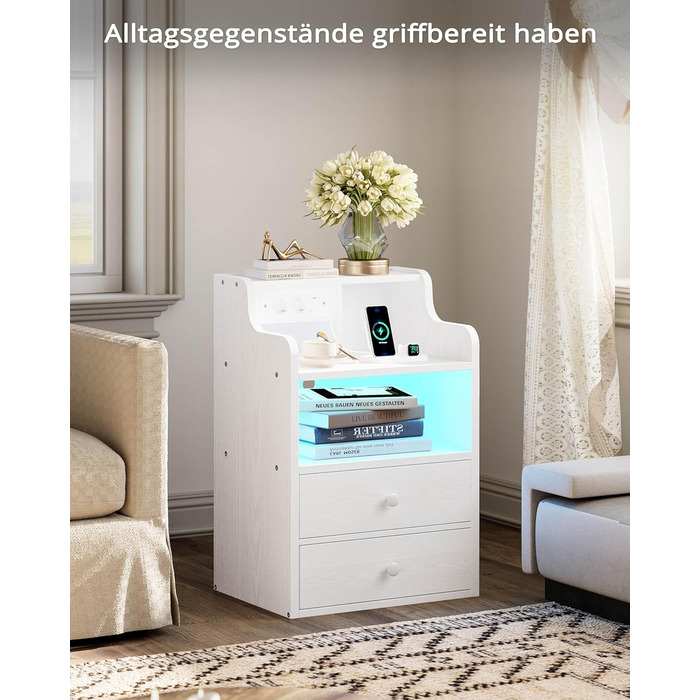 Нічний столик IRONCK з LED-підсвіткою, розеткою та функцією зарядки, з ящиками, білий.