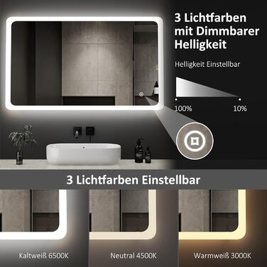 LED дзеркало для ванної кімнати Boromal 100x60 см з підсвічуванням, 3 колір світла, регулювання яскравості, сенсорне керування