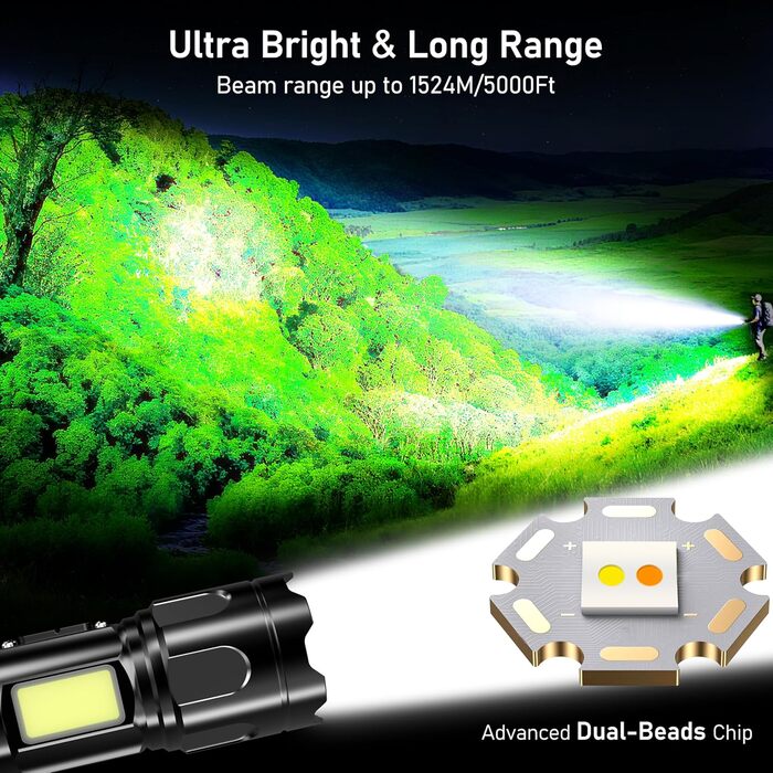 Ліхтар Blukar LED з двома температурами світла, бічним COB-підсвічуванням, регулюванням яскравості та зумом, акумуляторний, водонепроникний, 7 режимів, чорний