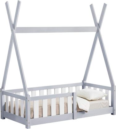 Дитяче ліжко Helsingborg 70x140см із захистом від падіння в дизайні tipi з деревини сосни Ліжко молодіжне Дерев'яне ліжко Ліжко Будиночок (світло-сірий)