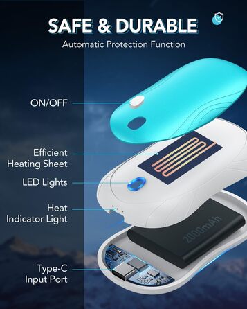 Електричні грілки для рук Cnkeeo, 2 шт. з роздільним магнітним з'єднанням, Powerbank USB, 3 режими нагріву, для спорту, риболовлі, полювання, чорно-білі (блакитно-білі)