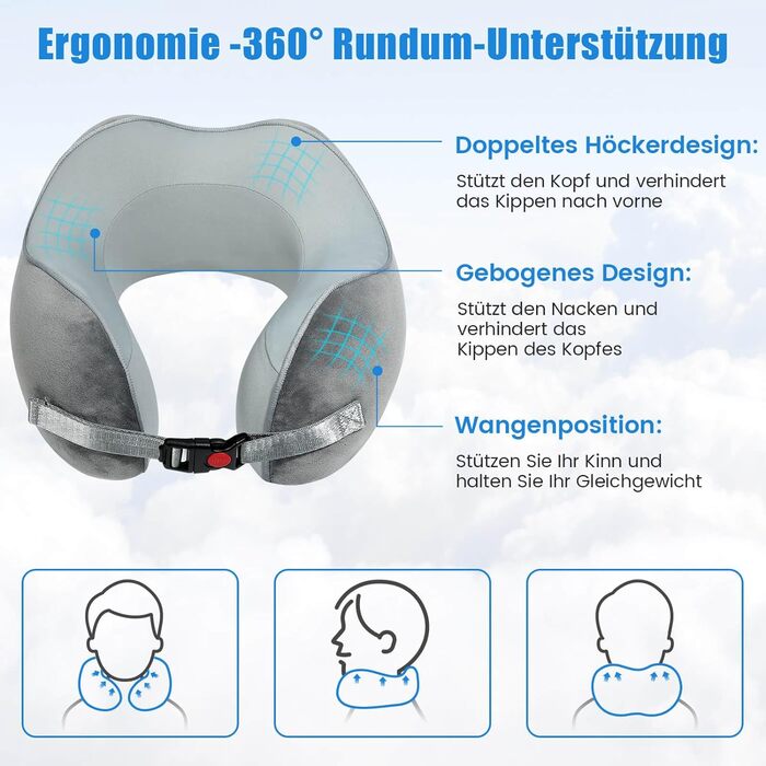 Подушка для шиї Tavaler Подушка для подорожей літака Піна з ефектом пам'яті, подушка для шиї для дорослих подорожей, подушка для шиї Автомобіль регулюється та можна прати - Портативна дорожня подушка для шиї (сіра)