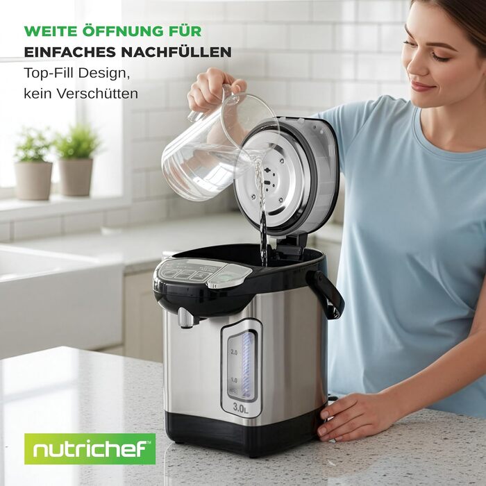 Електричний автоклав NutriChef 3L з дозатором гарячої води – нержавіюча сталь, безпечний кришка, безперебійний кран | Функція підігріву для глінтвейну, чаю, кави | Для комерційного та особистого використання | 1100W, компактний пристрій