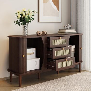 Комод з подвійними дверцятами та 3 шухлядами, дерев'яний, 140x40x76 см, стиль F, темно-коричневий