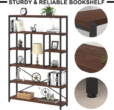 Стелаж LVB з 6 полицями для вітальні, офісу, кухні. Стелаж-стінка з дерева, горіх, 180 см