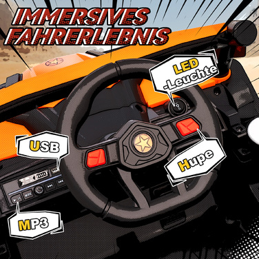 Електромобіль дитячий 12V, з пультом дистанційного керування, ременем безпеки, звуковими сигналами, світлодіодними фарами, USB-портом, для дітей 3-5 років, помаранчевий