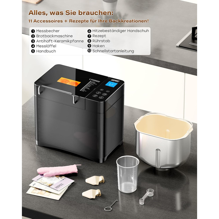 Преміум хлібопекарка Konvektions-Brotbackautomat 710W з керамічною формою, 17 функцій, диспенсер для горіхів, сталь, чорна