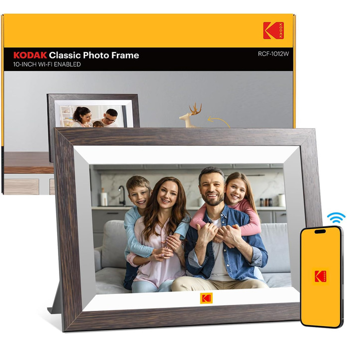 Цифровий фоторамка KODAK WiFi з сенсорним екраном IPS HD 10.1 дюйма, 32GB, автоматичне обертання, Wi-Fi, для стін, ділитися фотографіями звідусіль, темно-коричневий (білий каркас)