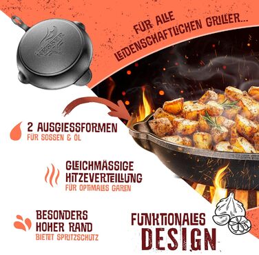 Кесер® сковорода-гриль з чавуну для індукційних плит, газових та вугільних грилів, духовки | Сковорода для стейків | 26 см | З захисними ручками, рецептами та очищувачем