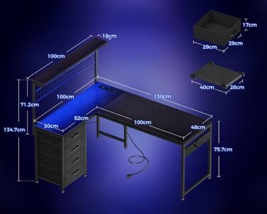Ігровий стіл Coleshome з LED підсвіткою, 110x80 см: реверсивний, з шухлядами та розетками, кутовий стіл з полицею та місцем для зберігання