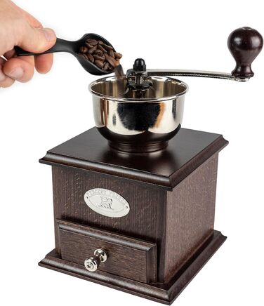 Кавомолка Peugeot Nostalgie - ручна, з регульованим сталевим жорном, 21 см, з воронкою, з бука, шоколадного кольору