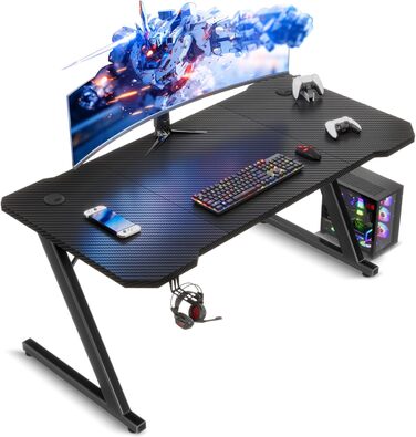 Ігровий стіл TRIUMPHKEY 120x60 см з карбоновим покриттям, підставка для навушників, металевий каркас, чорний
