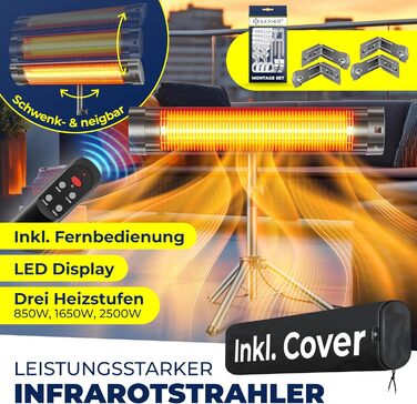 Інфрачервовий обігрівач KESSER® 2500W з пультком та захисним чохлом, телескопічна стійка, для тераси та дому