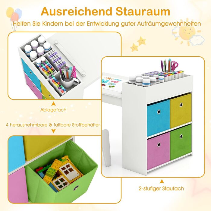 Дитячий столик та 2 стільці DREAMADE з полицями та контейнерами для зберігання, дерев'яний дитячий куточок для малювання та ігор в дитячу кімнату (Білий)