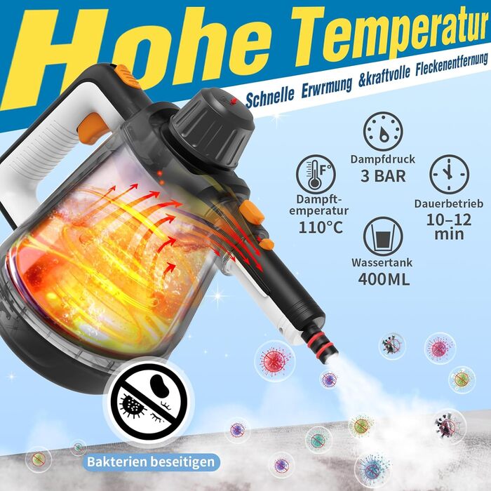 Портативний пароочисник 110°C: ефективне очищення, універсальний пристрій з 10 насадками та 5м кабелем. Ідеально для диванів, килимів, швів та видалення жиру. Колір: білий