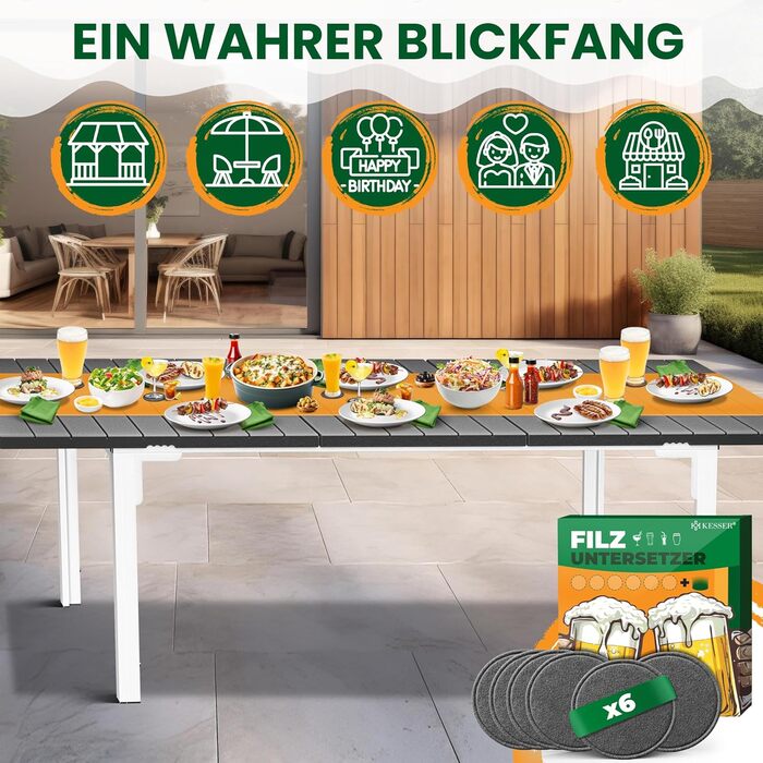 Розкладний садовий стіл KESSER® 180/240x90 см для 8 осіб. Стіл з розширенням, сталеве покриття, HDPE стільниця, стійкий до погодних умов та УФ-випромінювання. В комплекті 6 підставок з фетру (антрацит/білий).