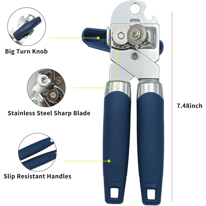 Відкривачка для консервів ручна, з нержавіючої сталі, з зручною ручкою, гостра клинка, гладка кромка, з функцією відкривання пляшок (Блакитна)