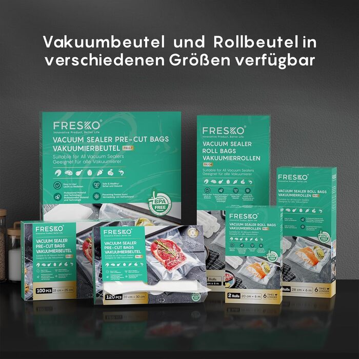 Вакууматор FRESKO Automatik для продуктів: автоматичний вакуумний пакувальник з турбо-потужністю 18л/хв, керування однією кнопкою, комплект з 2 рулонами для пакетів