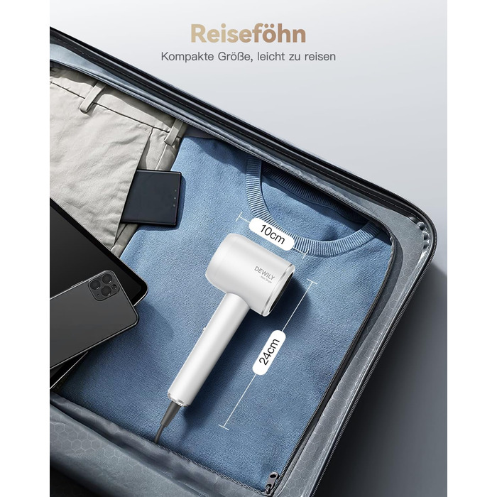 Іонний фен для волосся DEWILY з дифузором 1800Вт, 3 температурні режими, компактний дорожній фен для кучерявого волосся, білий