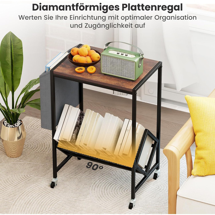 COSTWAY Регулятор для платівки, полиця для платівок з місцем для зберігання вінілу та журналів, підставка для платівок з фіксуючими колесами, приліжкова тумбочка для вітальні, спальні (колір: коричневий)