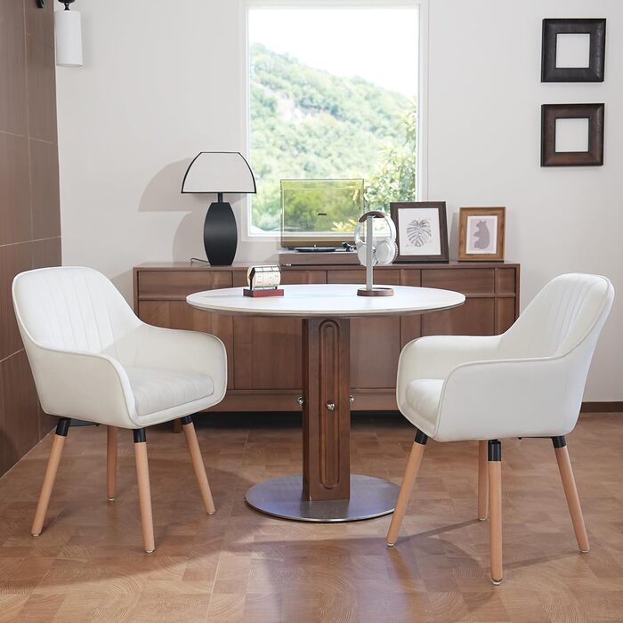 Крісла для обідньої зони ELUCHANG (2 шт.), поворотні на 360°, м'яке сидіння 10 см, високі підлокітники, кремово-білий велюр, до 150 кг, для спальні, кухні, вітальні