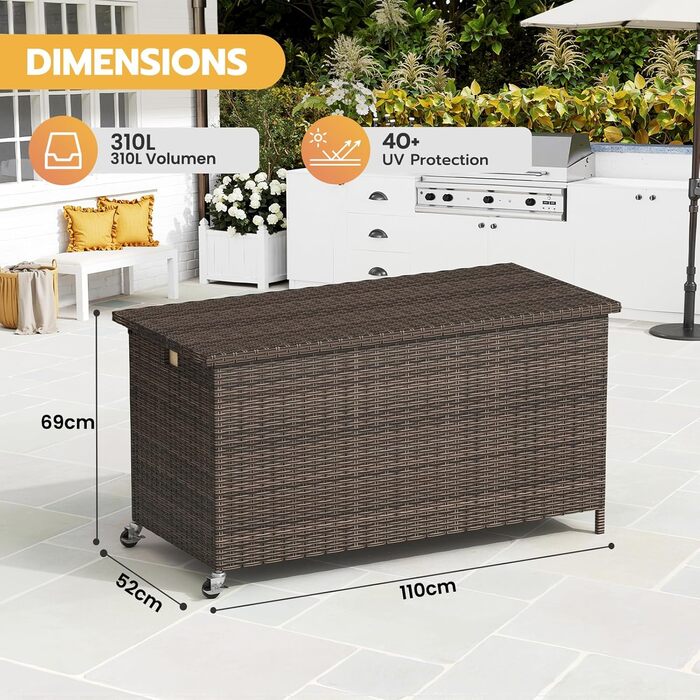 Водонепроникний ящик для зберігання Gartenbox з коліщатками 310л, коричневий 138x61 см для саду та балкону