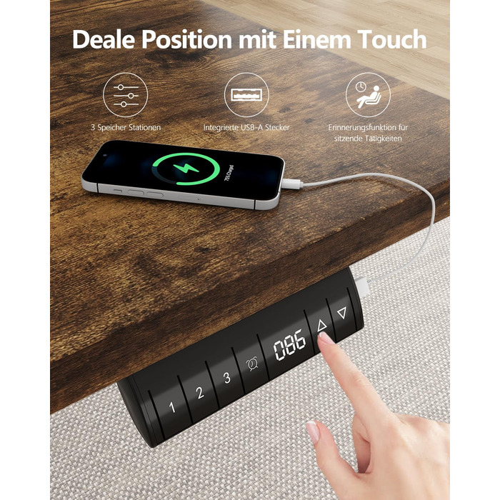 Регульований стіл Flamaker 160x80 см: електричний, з пам'яттю, для офісу, комп'ютерний, з кабелеуправлінням, коричневий вінтаж