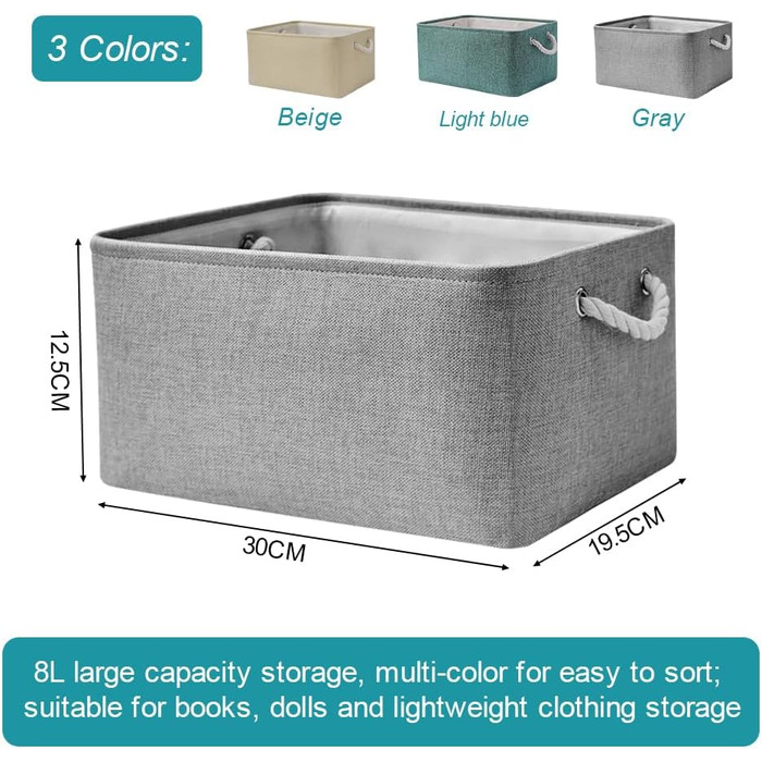 Л Коробка для зберігання тканини Складна коробка 30 см * 20 см * 13 см Складні коробки Складна коробка для зберігання Кошик для зберігання Тканинні коробки для зберігання Набір для зберігання для дому (бежевий, світло-блакитний, сірий), 3 шт., 8