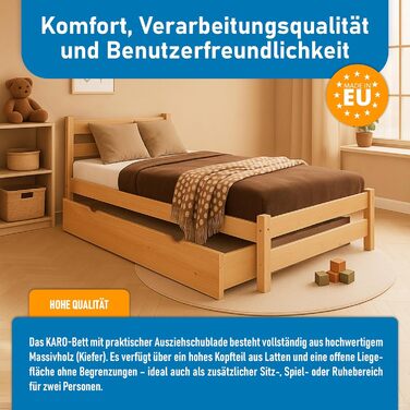 Дитяче ліжко Вробель 90x200 см з 2 ящиками та ламелями - односпальне ліжко з масиву сосни - ліжко Монтессорі для дітей - ліжко-півліжко для підлітків білого кольору - без матрацу